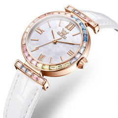 OLEVS 9007 Rainbow Bezel Mother of Pearl Leather Quartz Watch for Women