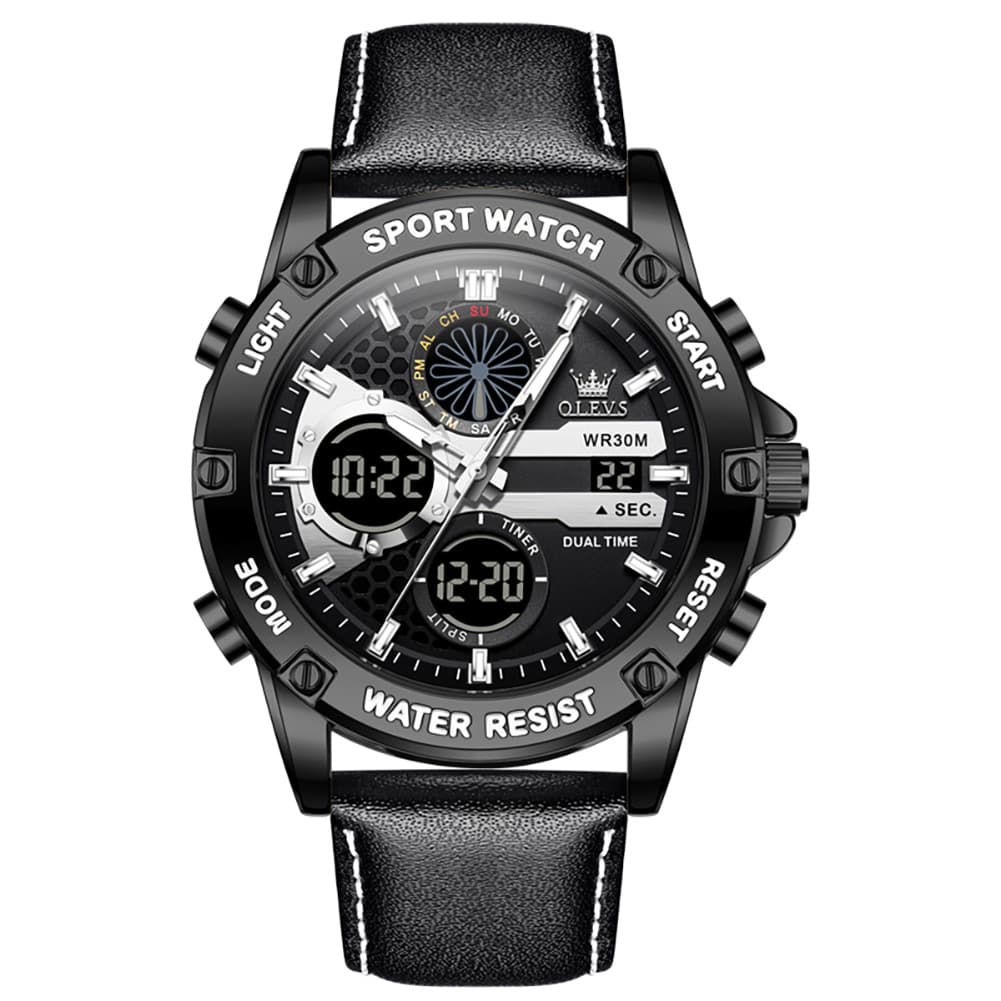 OLEVS 1110 Rugged Dual Display Leather Sport Watch for Men