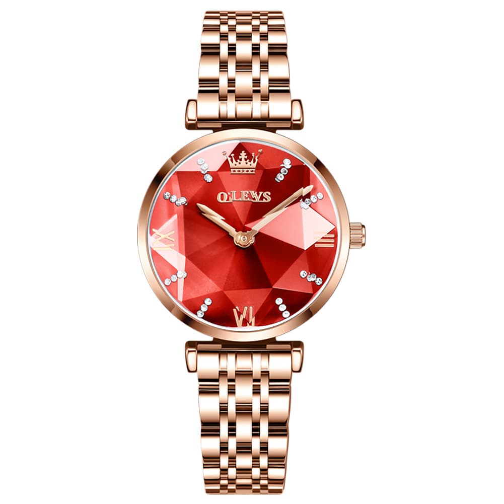 OLEVS 6642 Prism Cut Crystal Watch Rose Gold Stainless Steel Japan Quartz Timepiece for Women
