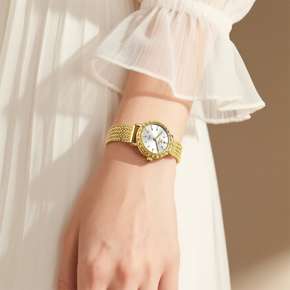 OLEVS Women Vintage Dress Watch Carved Bezel Woven Stainless Steel Quartz 5643