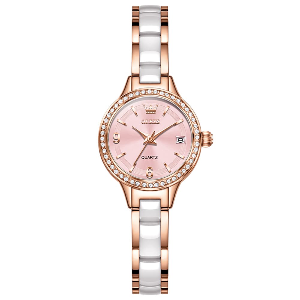 OLEVS 7093 White Ceramic Watch Women Dainty Diamond Bezel Date Quartz Jewelry Timepiece