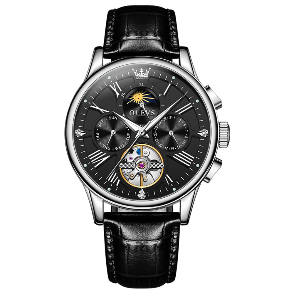 OLEVS Moon Phase Open Heart Automatic Mechanical Watch 9912 Leather Strap for Men