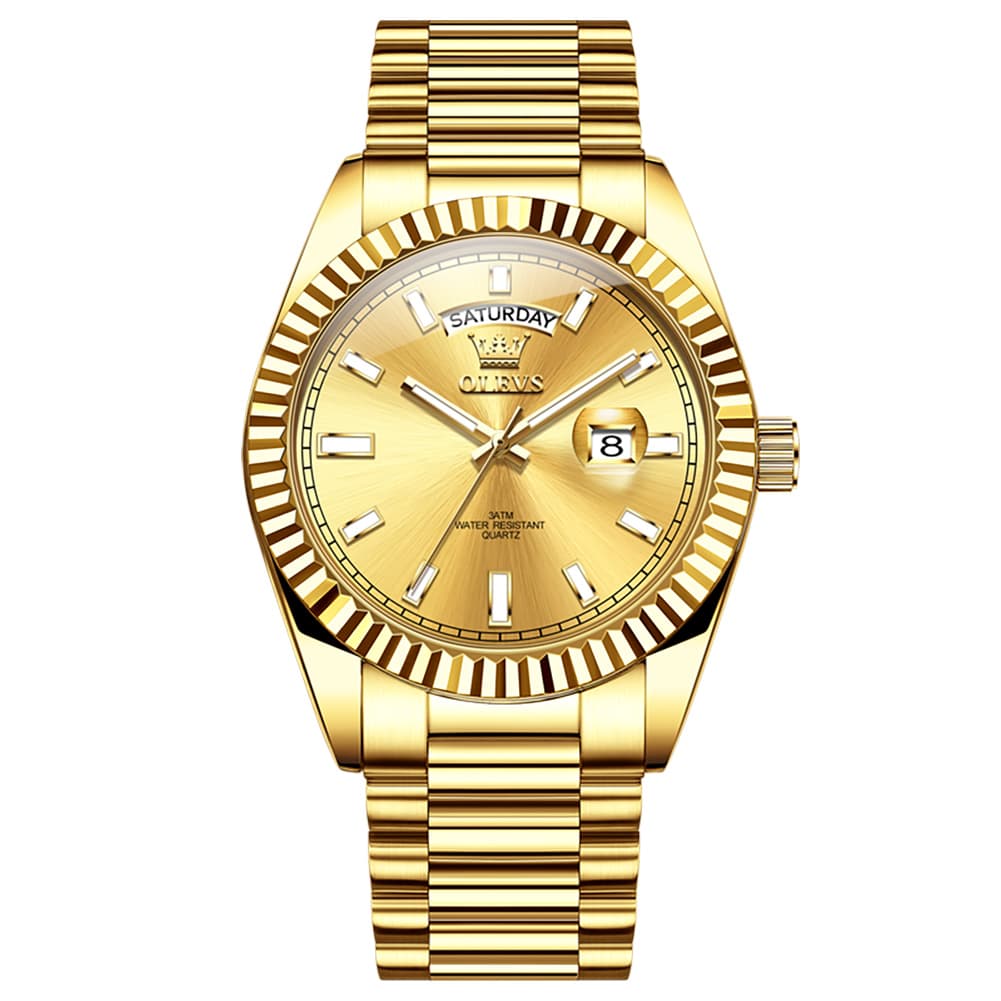 OLEVS 5650 Fluted Bezel Day Date Watch Stainless Steel Quartz Luxury Timepiece for Men