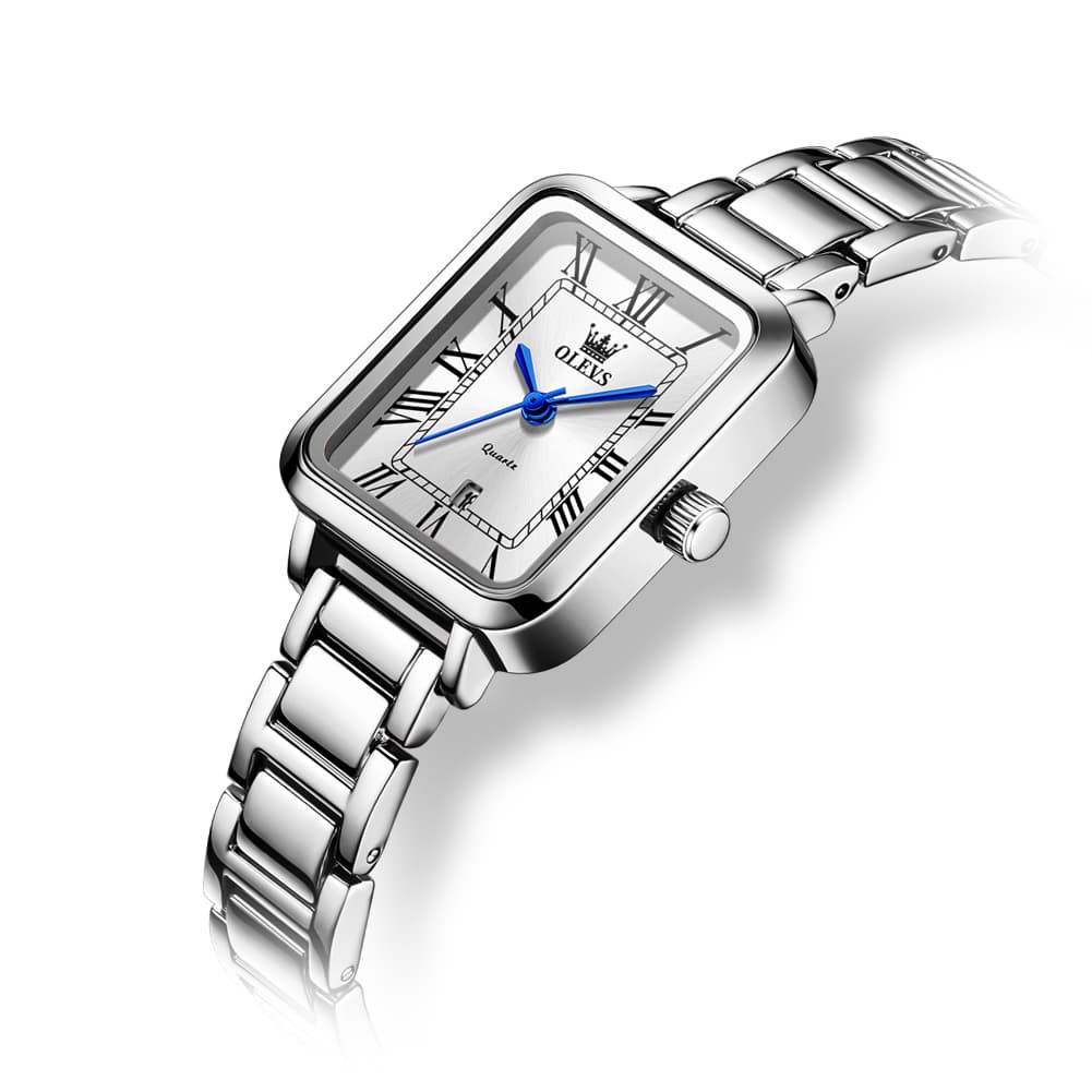 OLEVS Women Rectangular Dress Watch Retro Tank Stainless Steel Date Quartz 5641