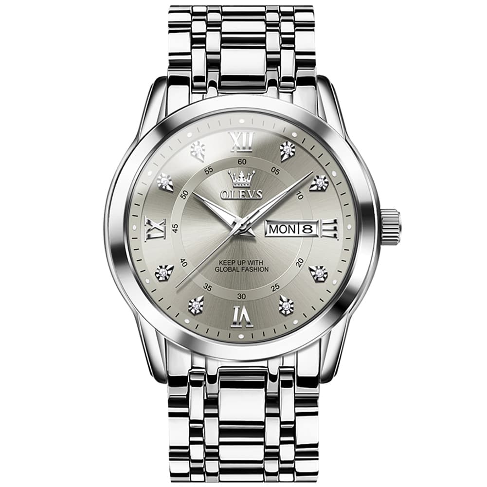 OLEVS Diamond Dial Day Date Quartz Watch 5513 Steel Band for Men
