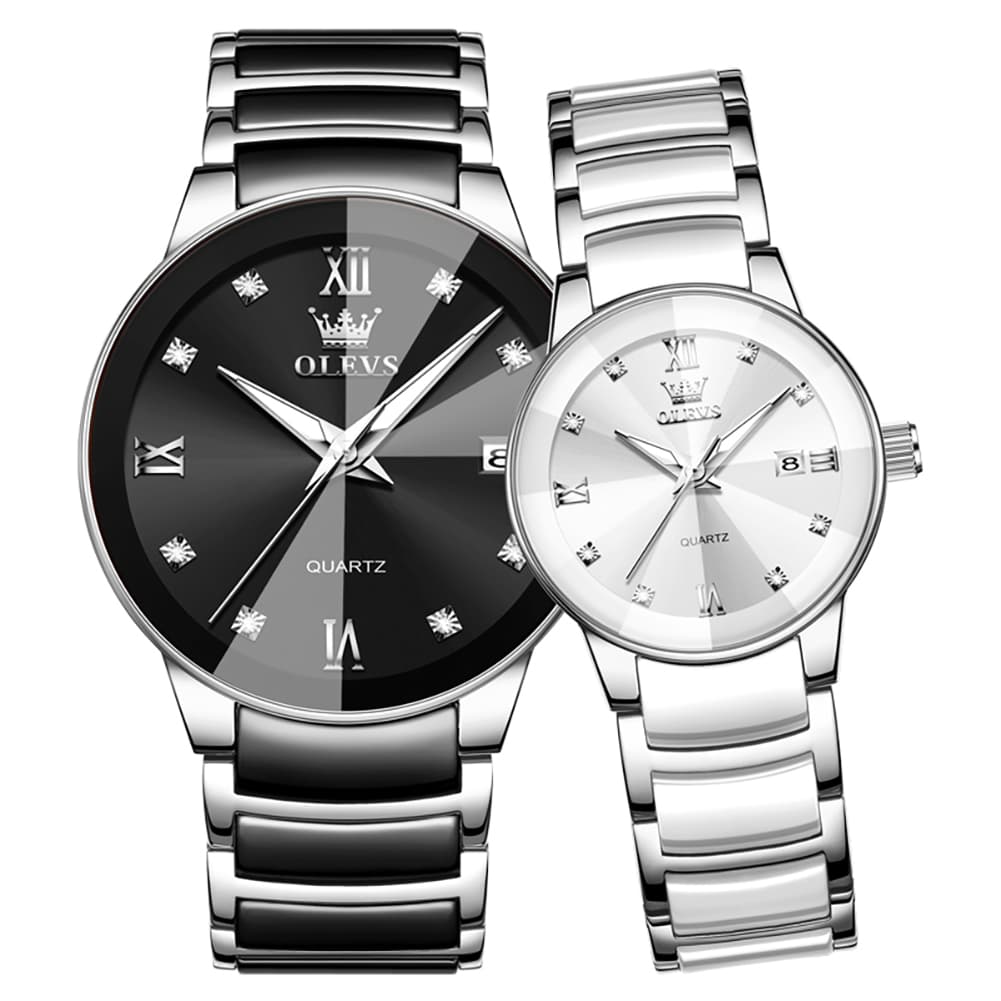 OLEVS 7114 Ceramic Link Watch Couple Date Diamond Accent Quartz Luxury Timepiece for Men and Women