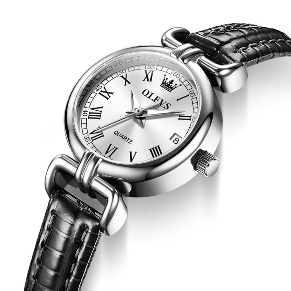 OLEVS Women Vintage Dress Watch Petite 24mm Leather Strap Date Quartz 5645