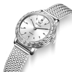 OLEVS Women Vintage Dress Watch Carved Bezel Woven Stainless Steel Quartz 5643