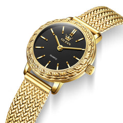 OLEVS Women Vintage Dress Watch Carved Bezel Woven Stainless Steel Quartz 5643