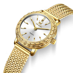 OLEVS Women Vintage Dress Watch Carved Bezel Woven Stainless Steel Quartz 5643