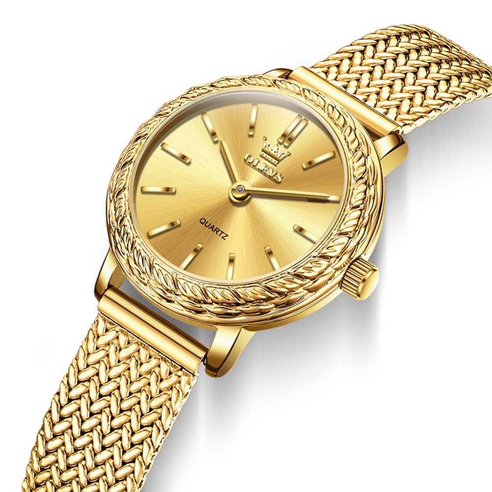 OLEVS Women Vintage Dress Watch Carved Bezel Woven Stainless Steel Quartz 5643