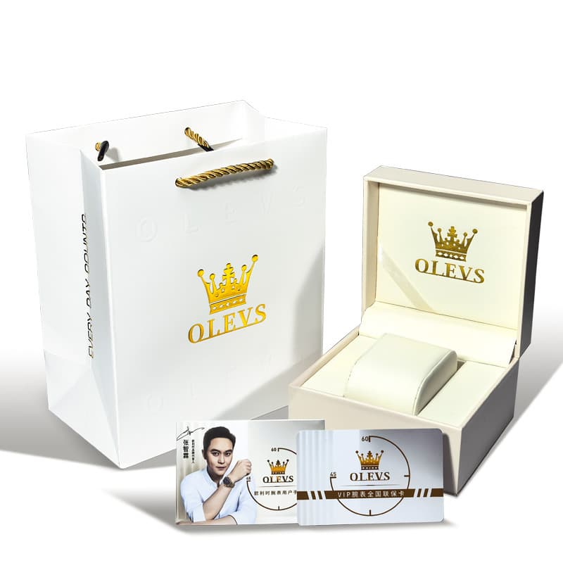 OLEVS Premium White Mechanical Watch Gift Box Set with VIP Cards