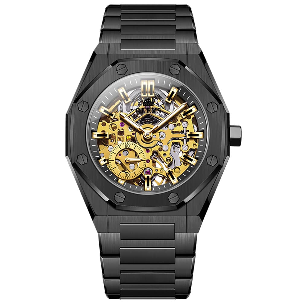 OLEVS 6669 Stainless Steel Octagonal Skeleton Watch for Men