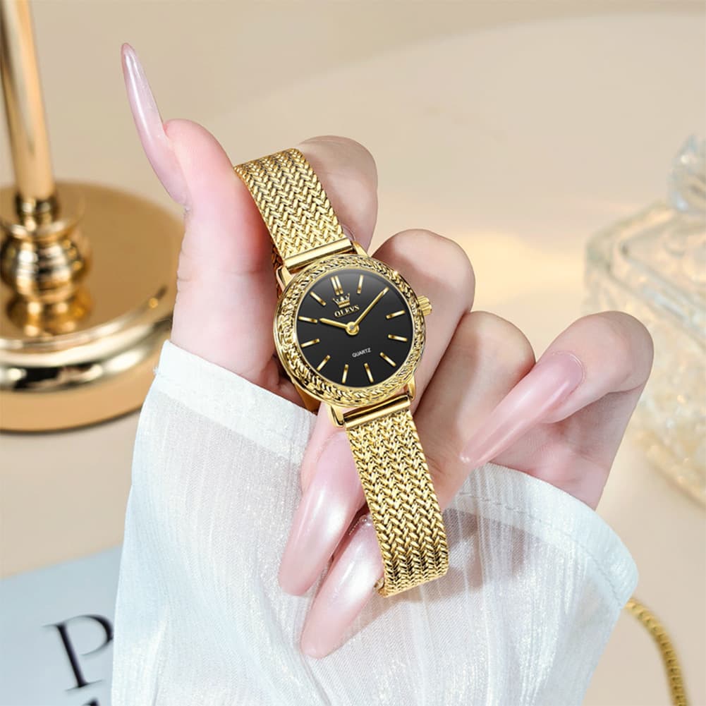 OLEVS Women Vintage Dress Watch Carved Bezel Woven Stainless Steel Quartz 5643