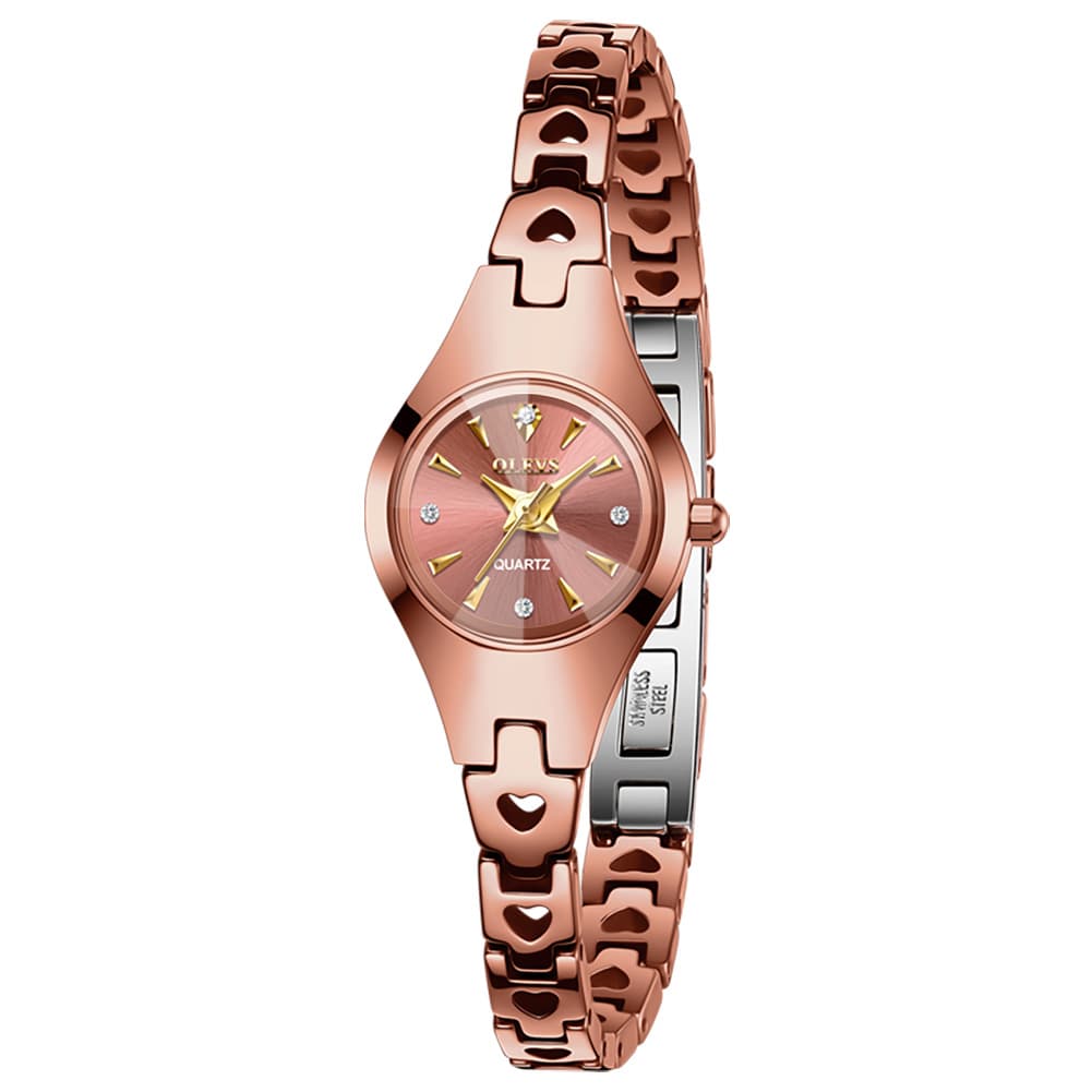 OLEVS 7082 Tungsten Steel Watch Dainty Heart Link Faceted Bracelet Diamond Accent Quartz Timepiece for Women
