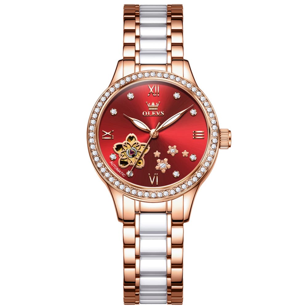 OLEVS 7074 Ceramic Open Heart Automatic Watch For Women