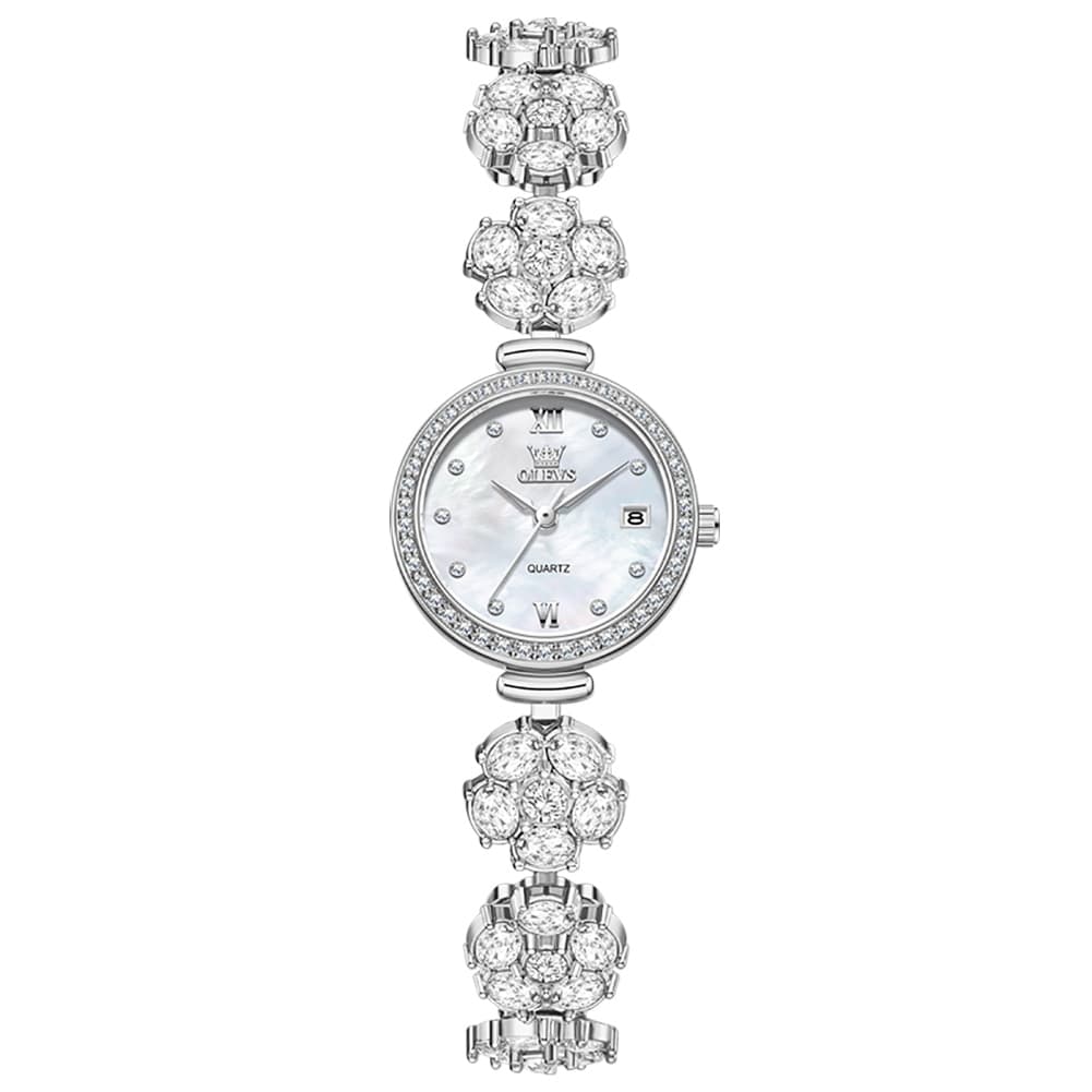 OLEVS Women Spinning Flower Watch Peach Blossom Crystal Mother of Pearl Date Quartz 5638