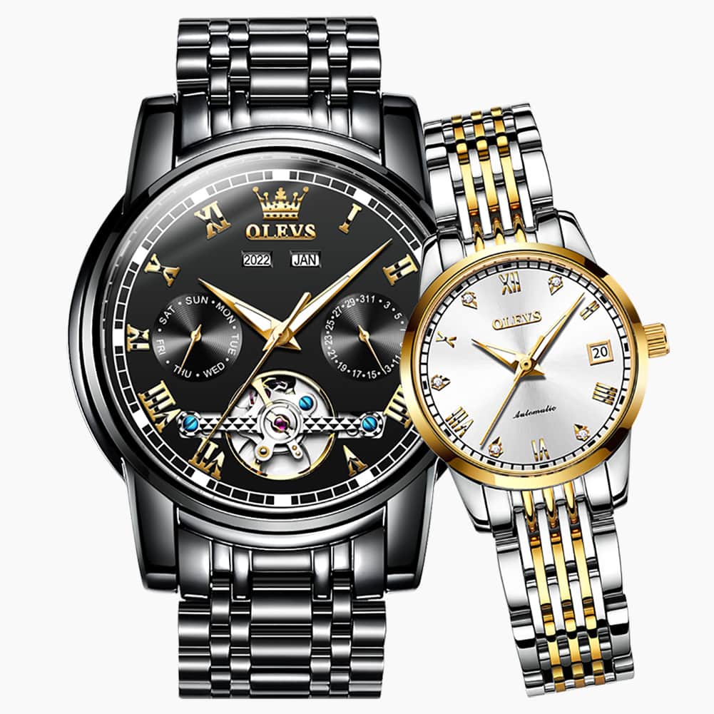OLEVS 6607 Open Heart Automatic Mechanical Couple Watch Set