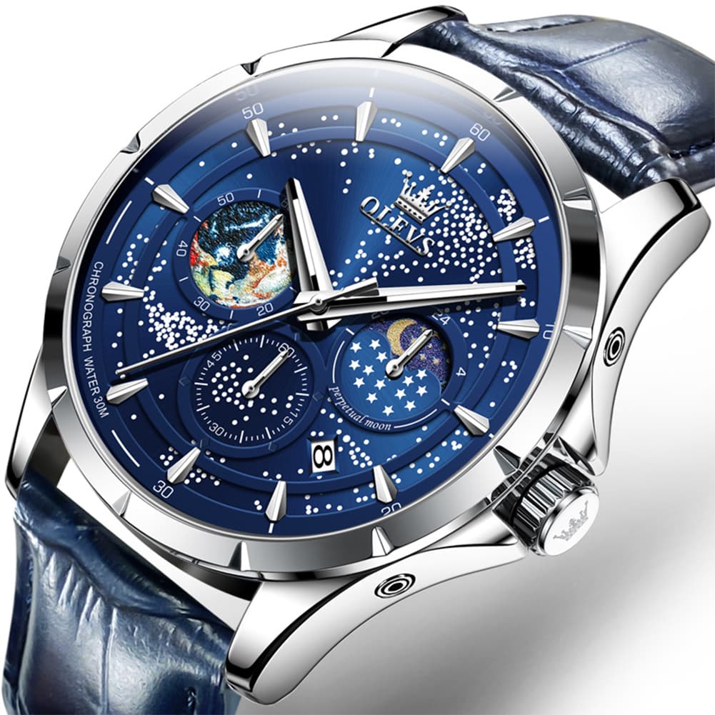 OLEVS Starry Sky Moon Phase Watch Leather Strap for Men 5538