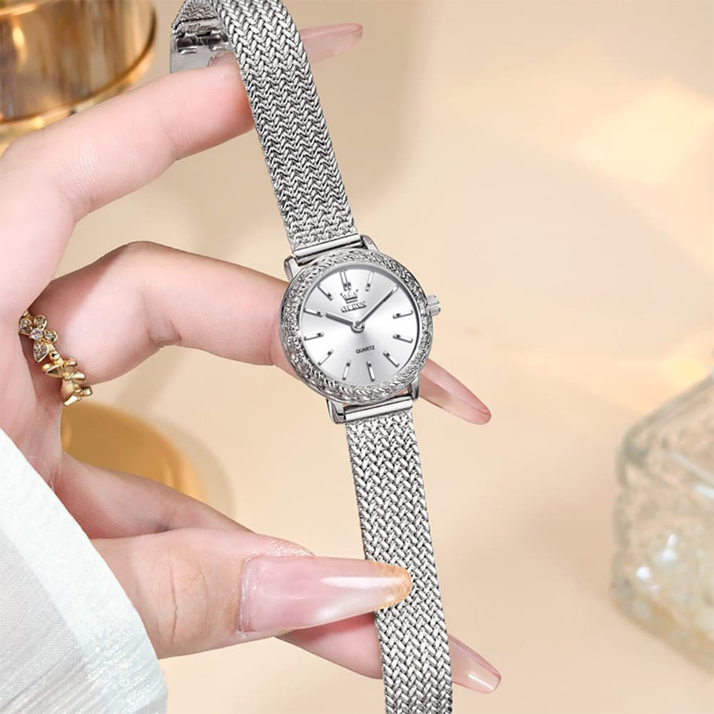OLEVS Women Vintage Dress Watch Carved Bezel Woven Stainless Steel Quartz 5643