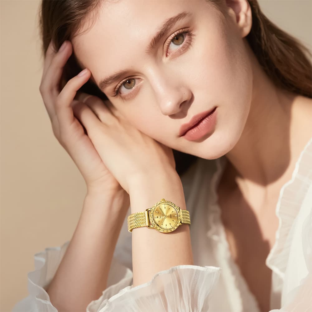 OLEVS Women Vintage Dress Watch Carved Bezel Woven Stainless Steel Quartz 5643