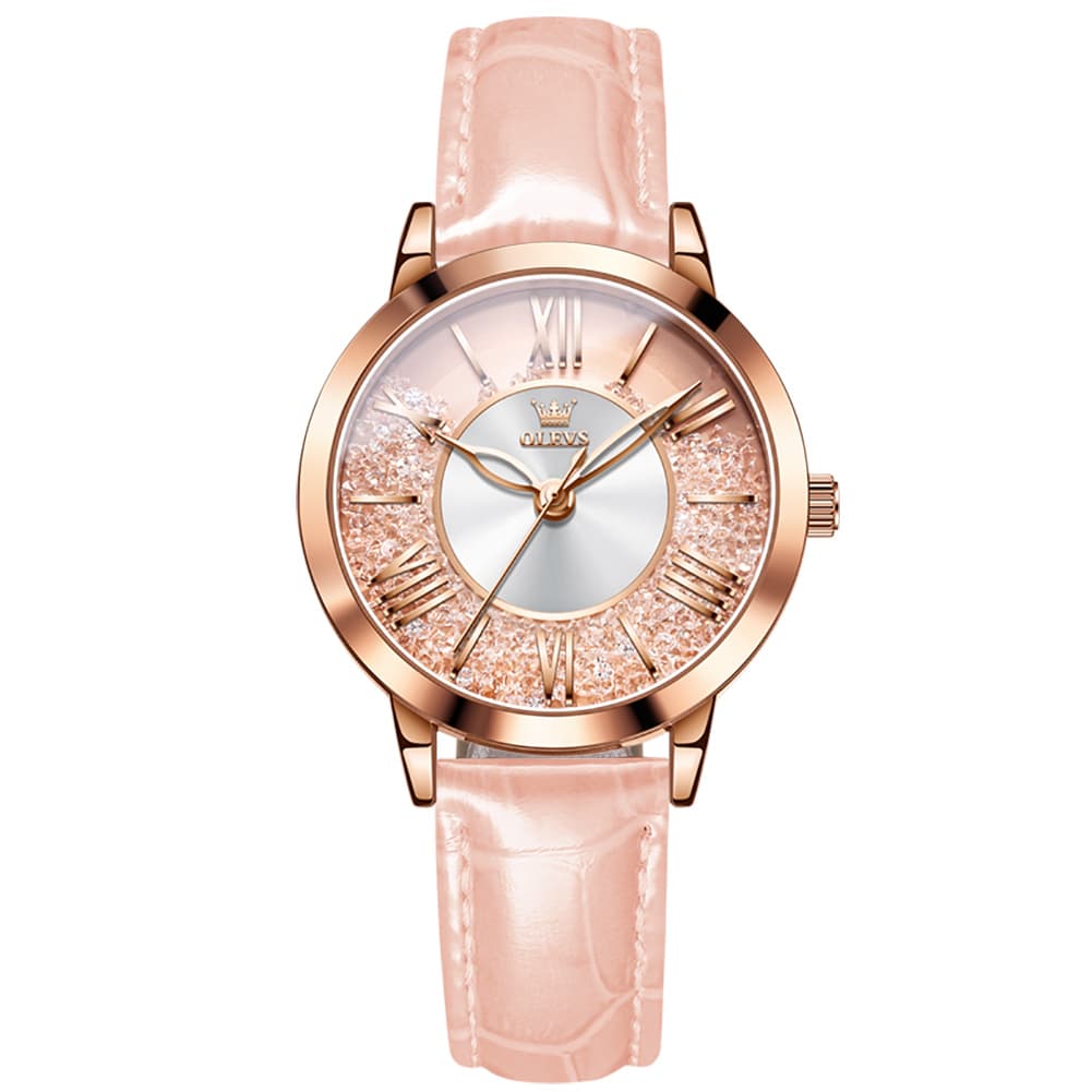 OLEVS Flowing Quicksand Crystal Dress Watch for Women Leather Strap 5539