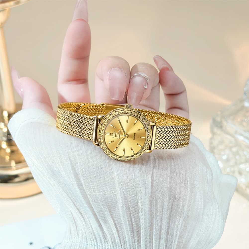 OLEVS Women Vintage Dress Watch Carved Bezel Woven Stainless Steel Quartz 5643