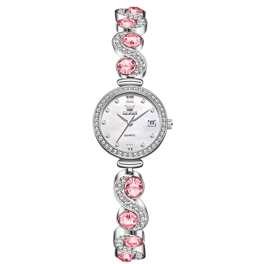 OLEVS Women Jewelry Bracelet Watch Pink Diamond Mother of Pearl Date Quartz 5633