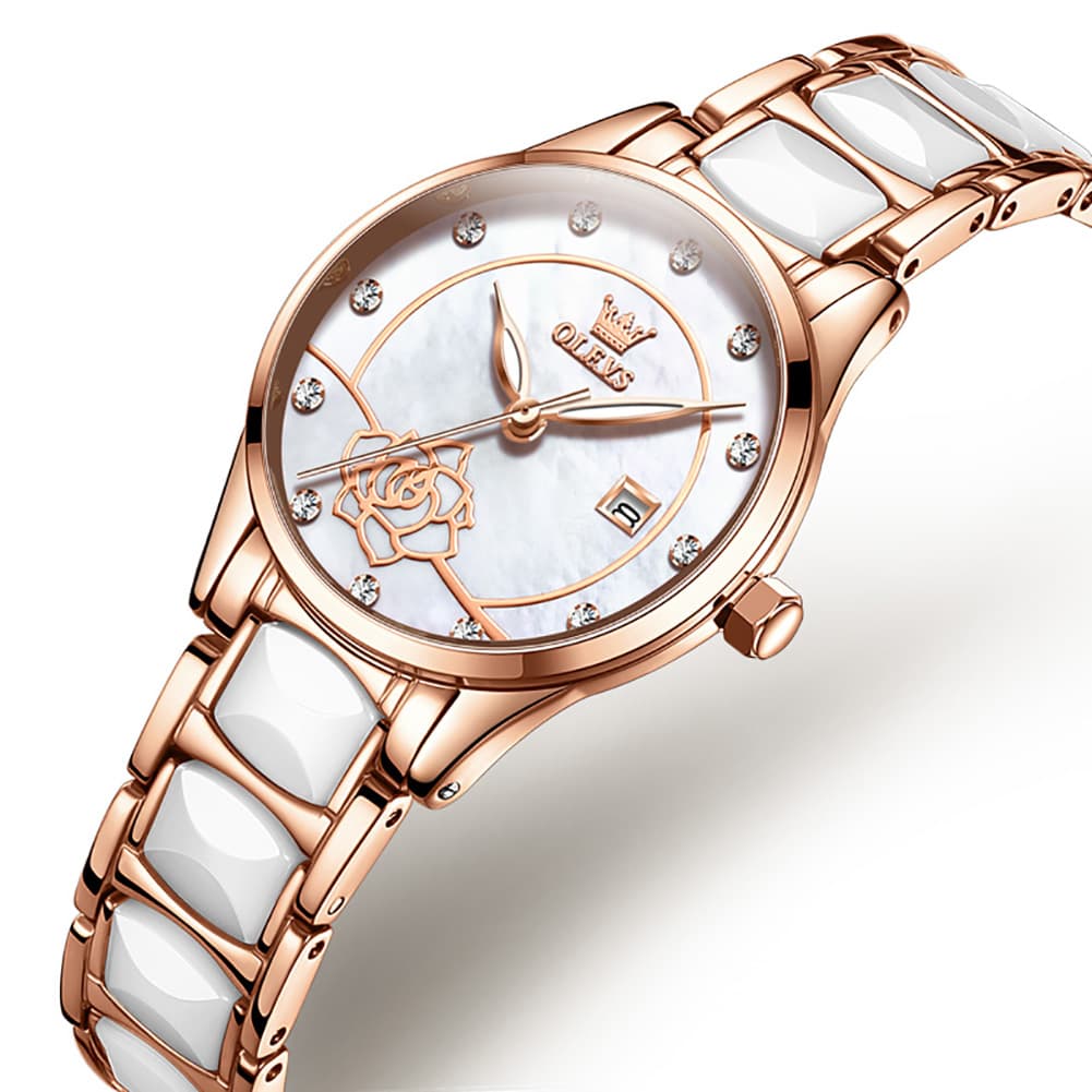 OLEVS 3606 Ceramic Rose Motif Quartz Watch for Women