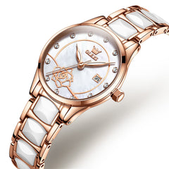 OLEVS 3606 Ceramic Rose Motif Quartz Watch for Women