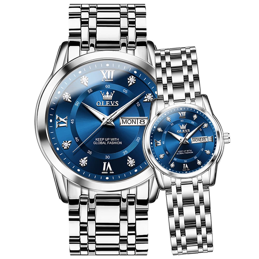 OLEVS Couple Watches Diamond Dial Day Date Quartz Watch 5513 Steel Band for His and Hers