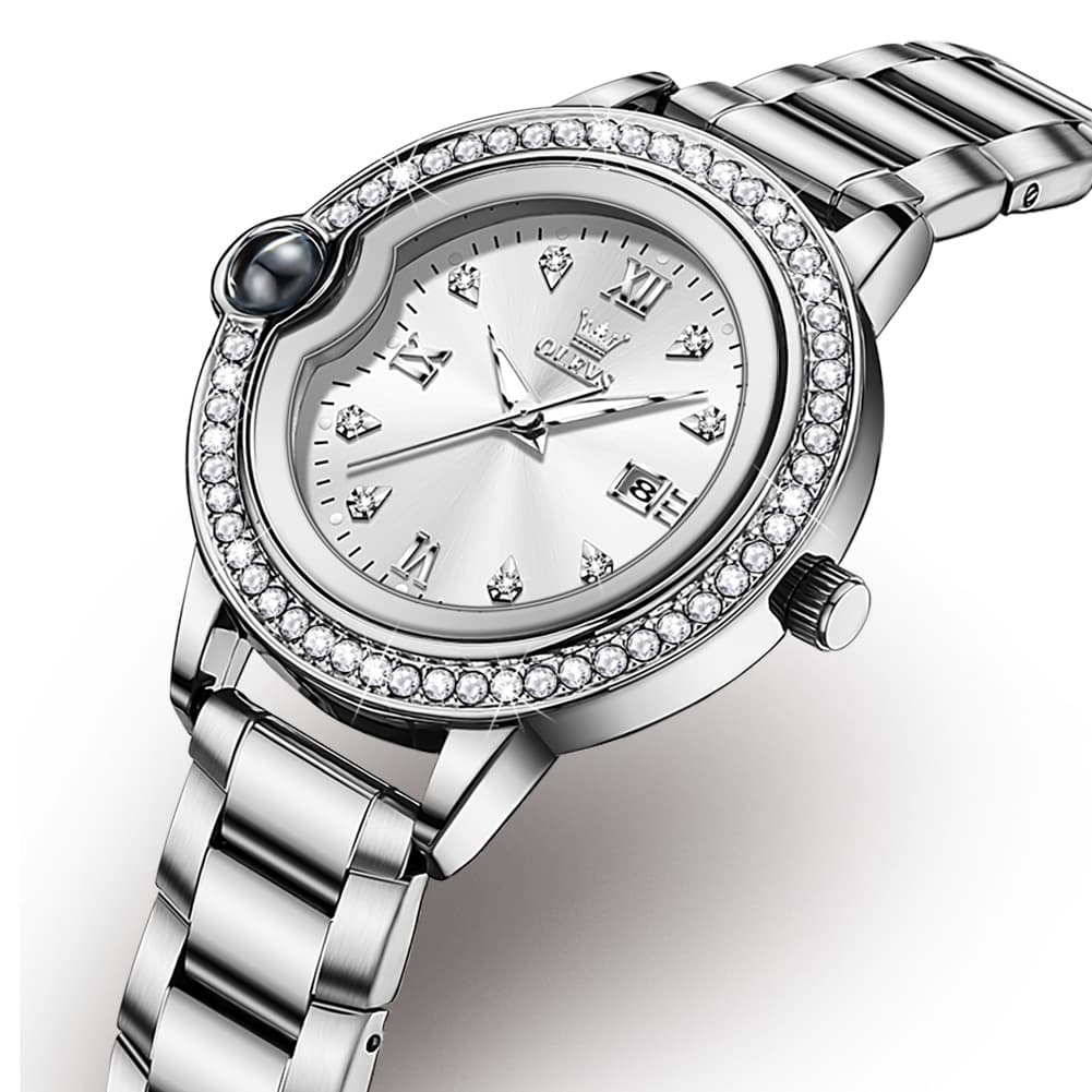 OLEVS Women Diamond Bezel Watch Cabochon Crown Rose Gold Quartz Date 5588