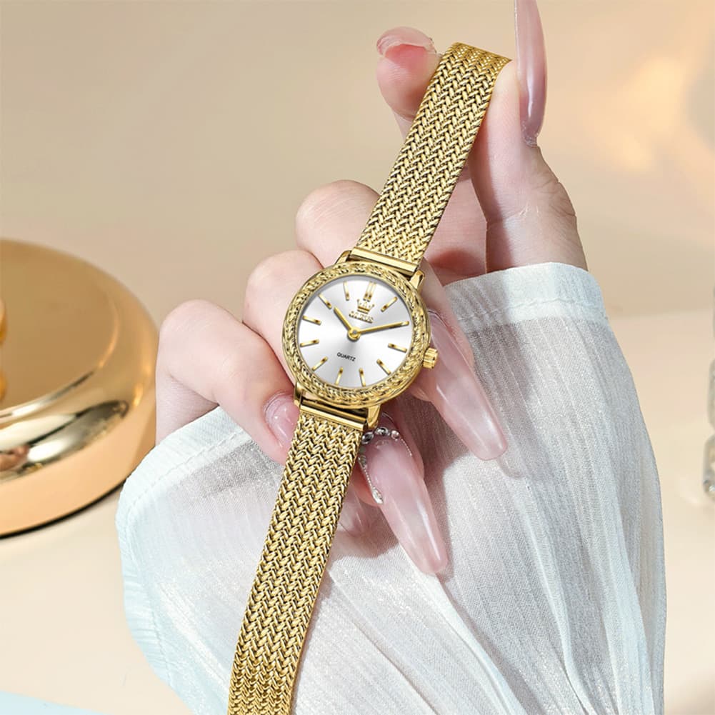 OLEVS Women Vintage Dress Watch Carved Bezel Woven Stainless Steel Quartz 5643