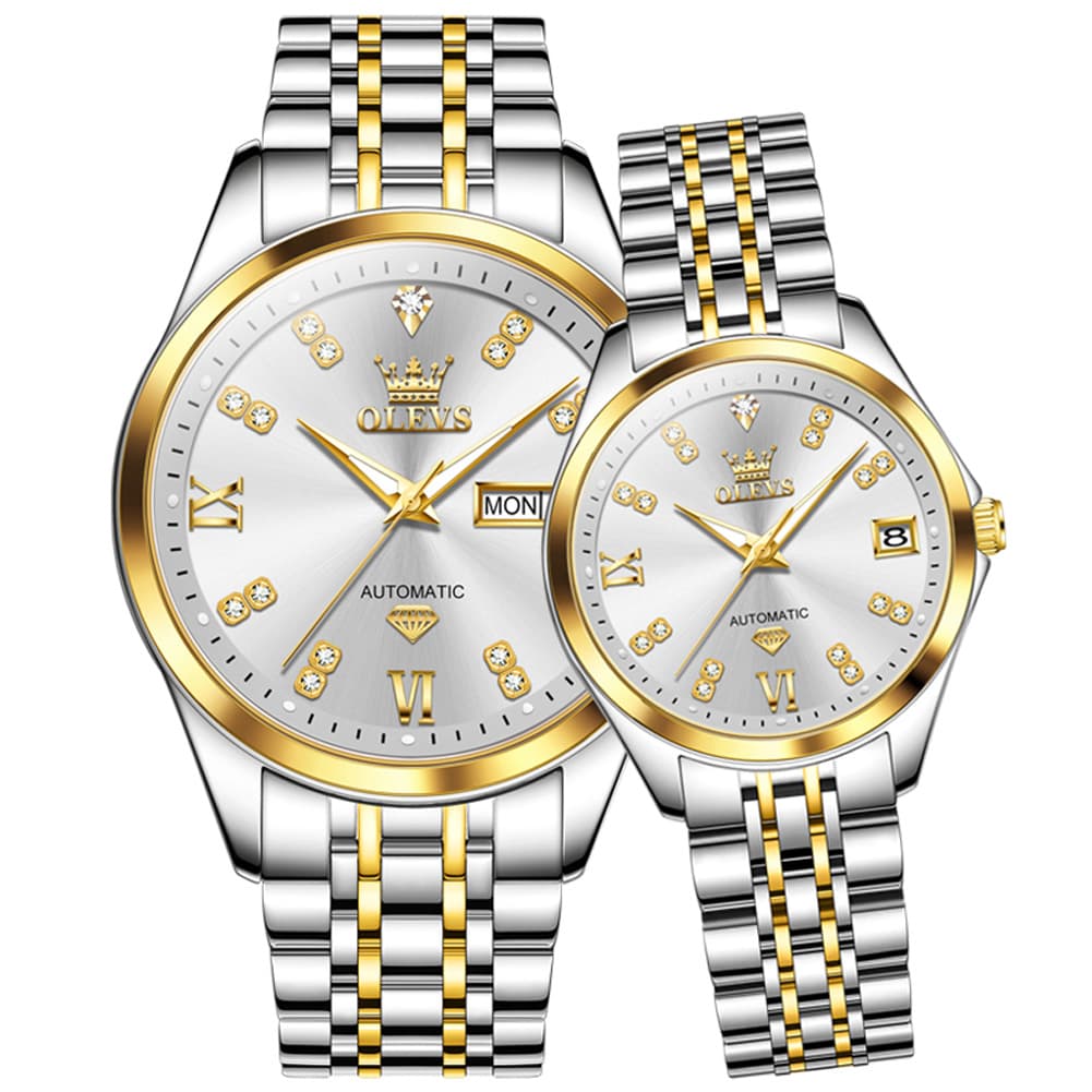 OLEVS Couple Watches Set Automatic Mechanical Diamond Dial 9801 for His and Hers