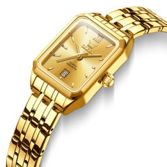 OLEVS Women Square Dress Watch Retro Gold Stainless Steel Date Quartz 5616