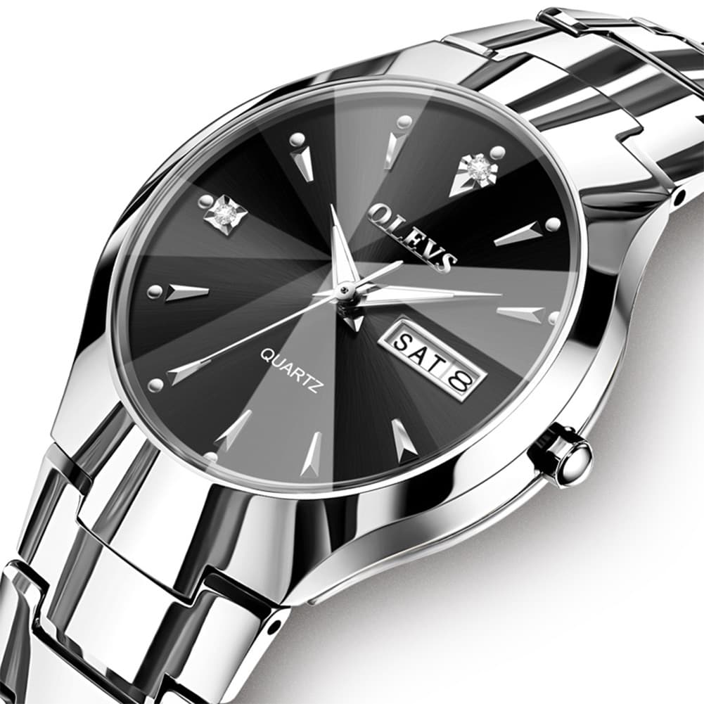 OLEVS Tungsten Steel Ultra Thin Day Date Couple Watch 8697 for Men and Women