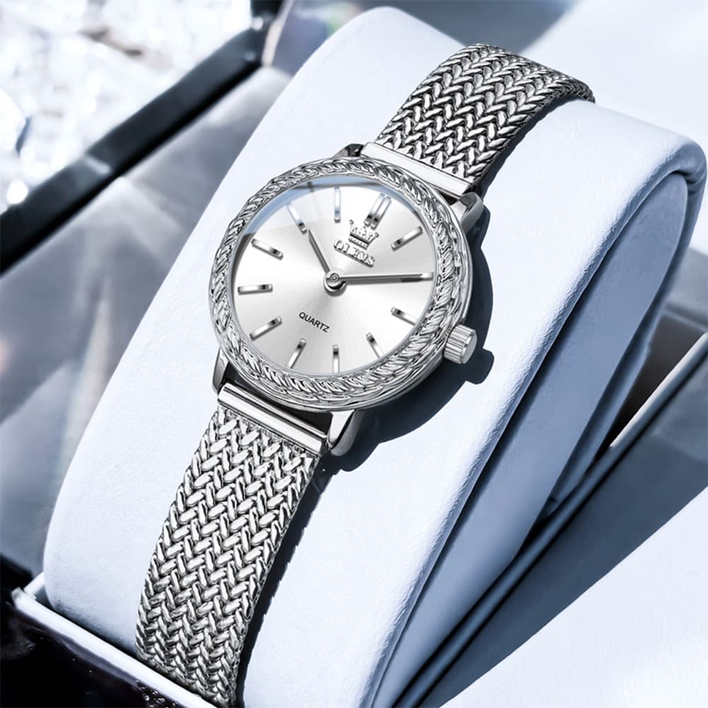 OLEVS Women Vintage Dress Watch Carved Bezel Woven Stainless Steel Quartz 5643