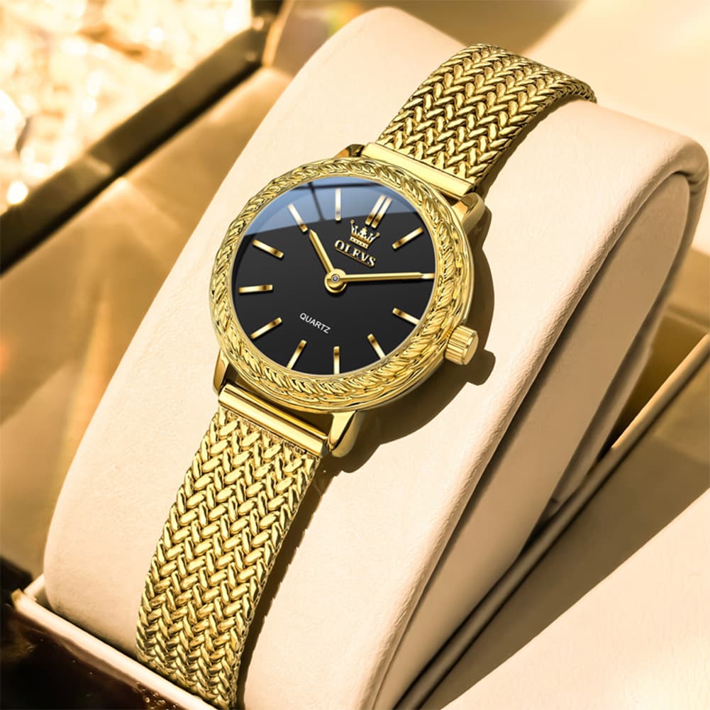 OLEVS Women Vintage Dress Watch Carved Bezel Woven Stainless Steel Quartz 5643