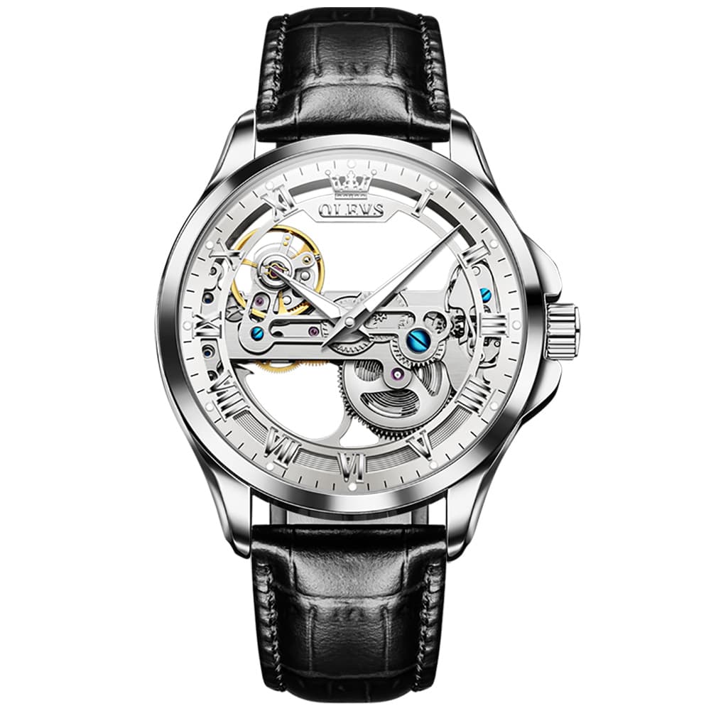 OLEVS 6661 Leather Skeleton Mechanical Watch for Men