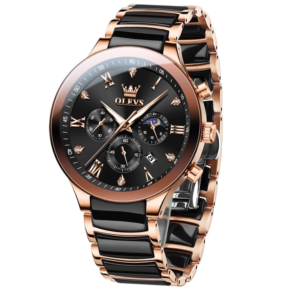 OLEVS 7004 Moon Phase Chronograph Watch Ceramic Link Bracelet Quartz Luxury Timepiece for Men