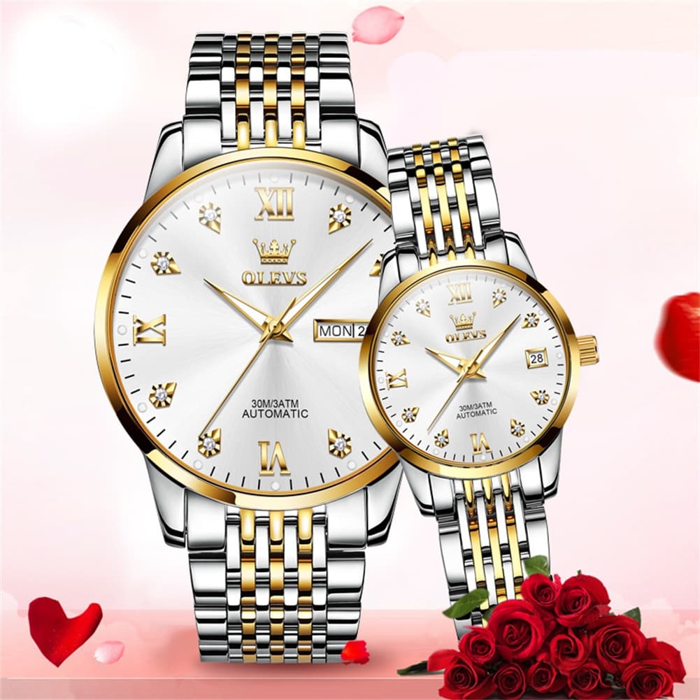 OLEVS 6673 Diamond Automatic Couple Watches Set