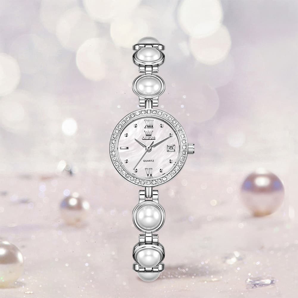 OLEVS 5669 Pearl Bracelet Watch Zircon Bezel Quartz Jewelry Timepiece for Women