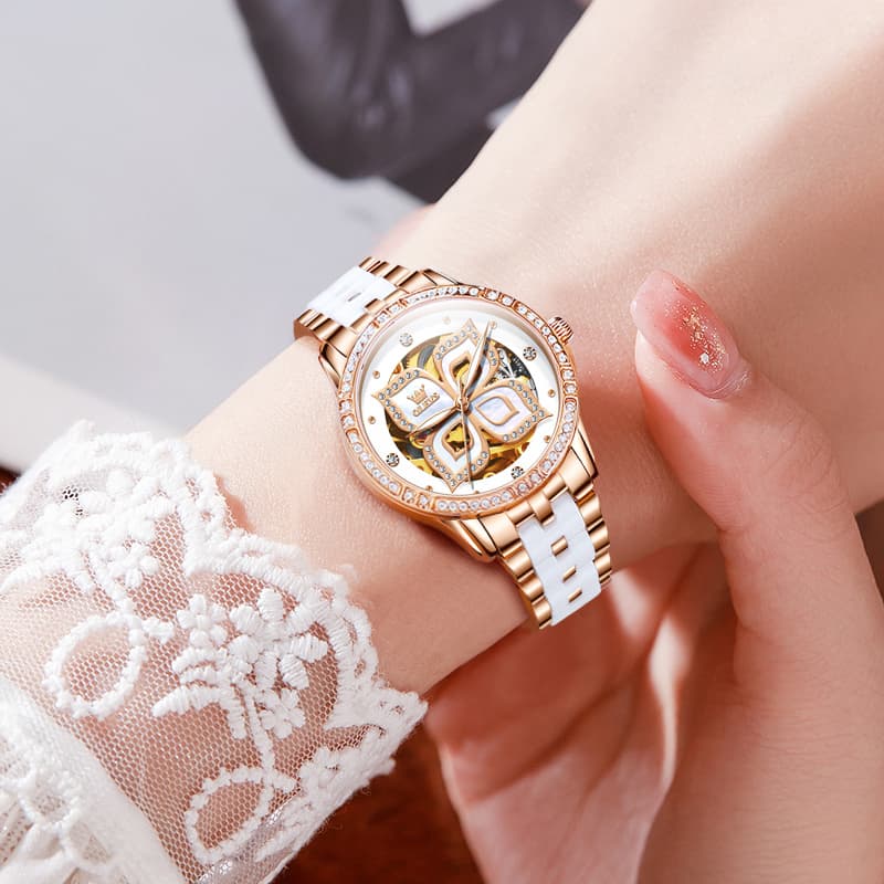 OLEVS 6612 Automatic Skeleton Four Leaf Clover Watch Set for Women