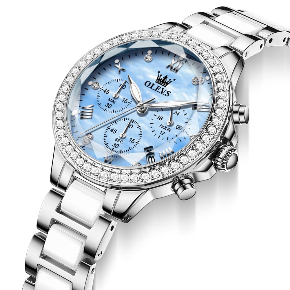 OLEVS 9999 Diamond Bezel Chronograph Ceramic Watch for Women