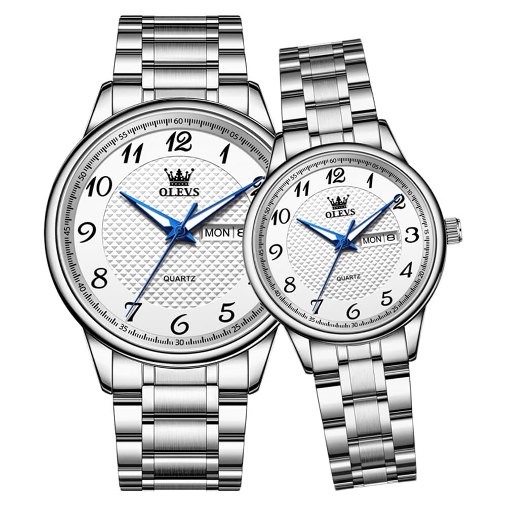 OLEVS 5667 Sapphire Crystal Couple Watch Day Date Stainless Steel Bracelet Luxury Timepiece for Men and Women