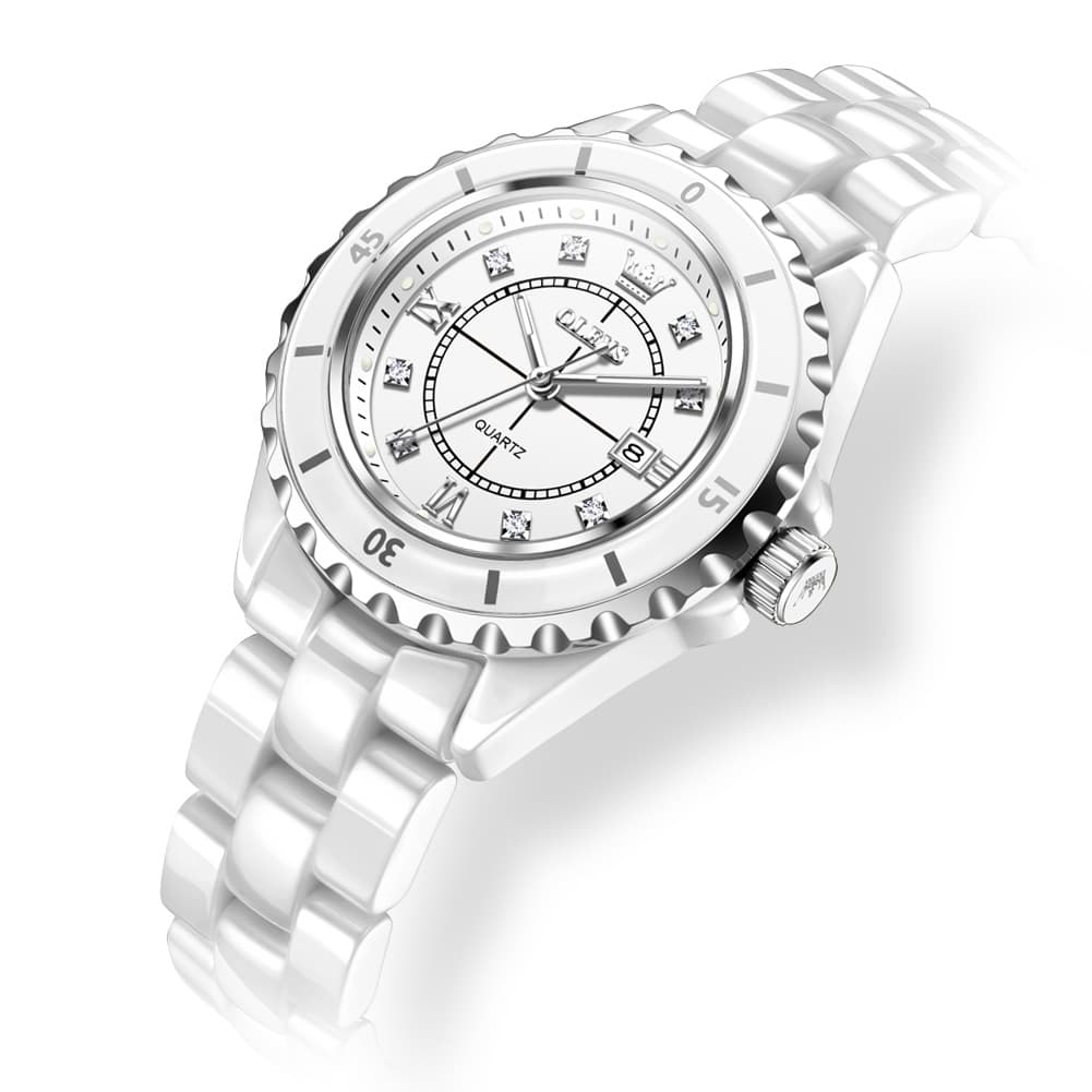 OLEVS 5658 White Ceramic Watch Diamond Accent Quartz Butterfly Clasp Luxury Timepiece for Women
