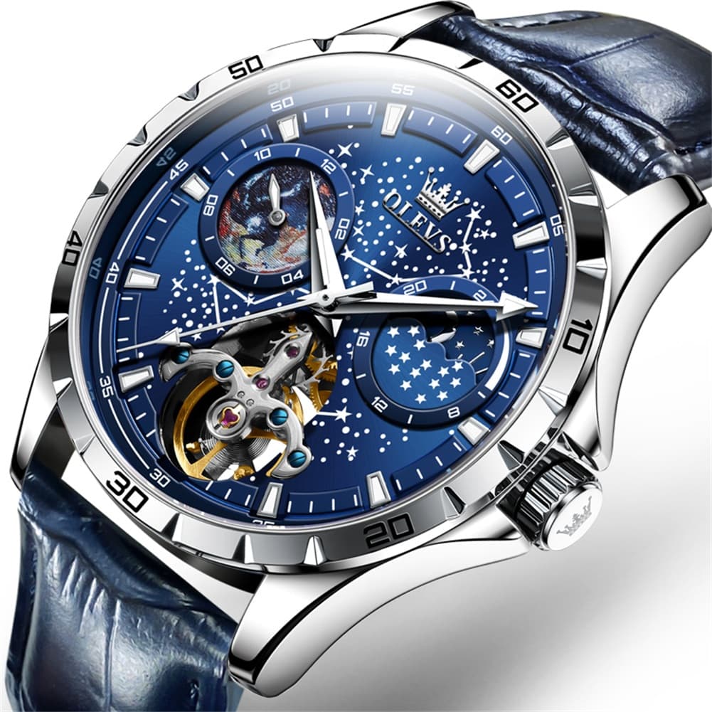 OLEVS 6689 Automatic Skeleton Starry Sky Leather Steel Watch for Men