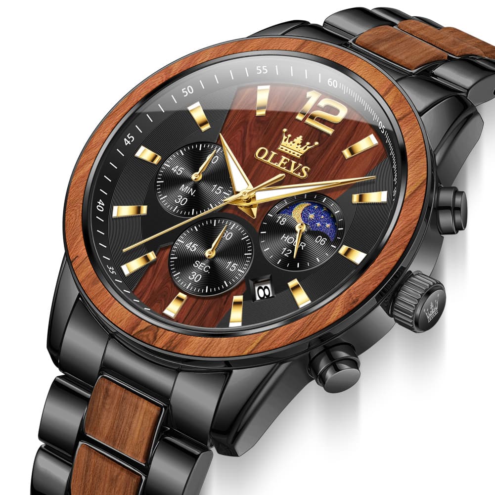 OLEVS 3645 Solid Wood & Steel Chronograph Quartz Watch for Men
