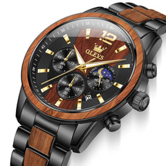 OLEVS 3645 Solid Wood & Steel Chronograph Quartz Watch for Men