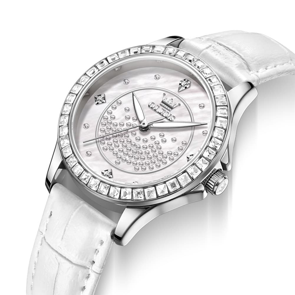 OLEVS 3715 Diamond Mother of Pearl Leather Watch for Women
